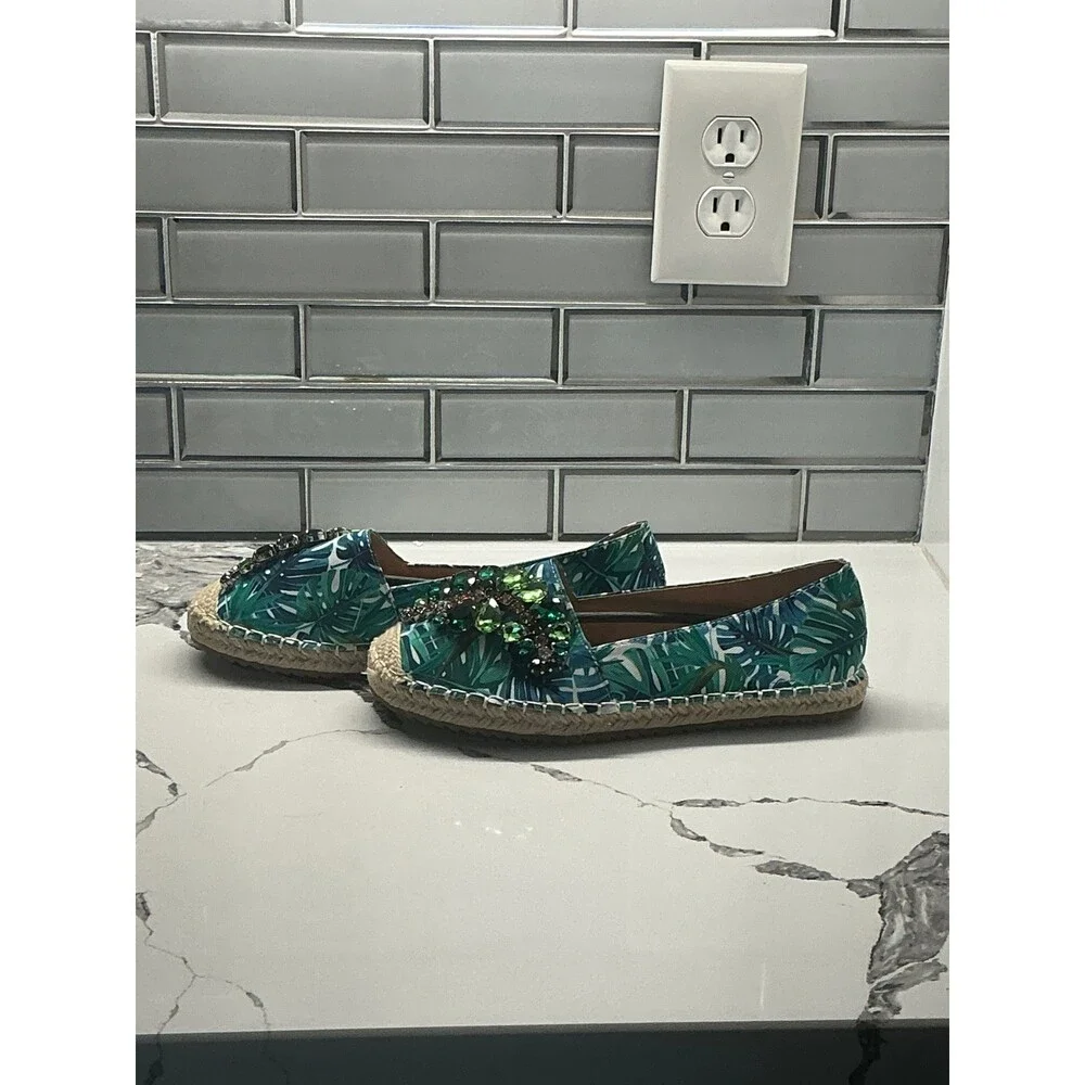 ESPI‎ Flats Espadrille Slides Green Multi Leaf Print Embellished Size 6